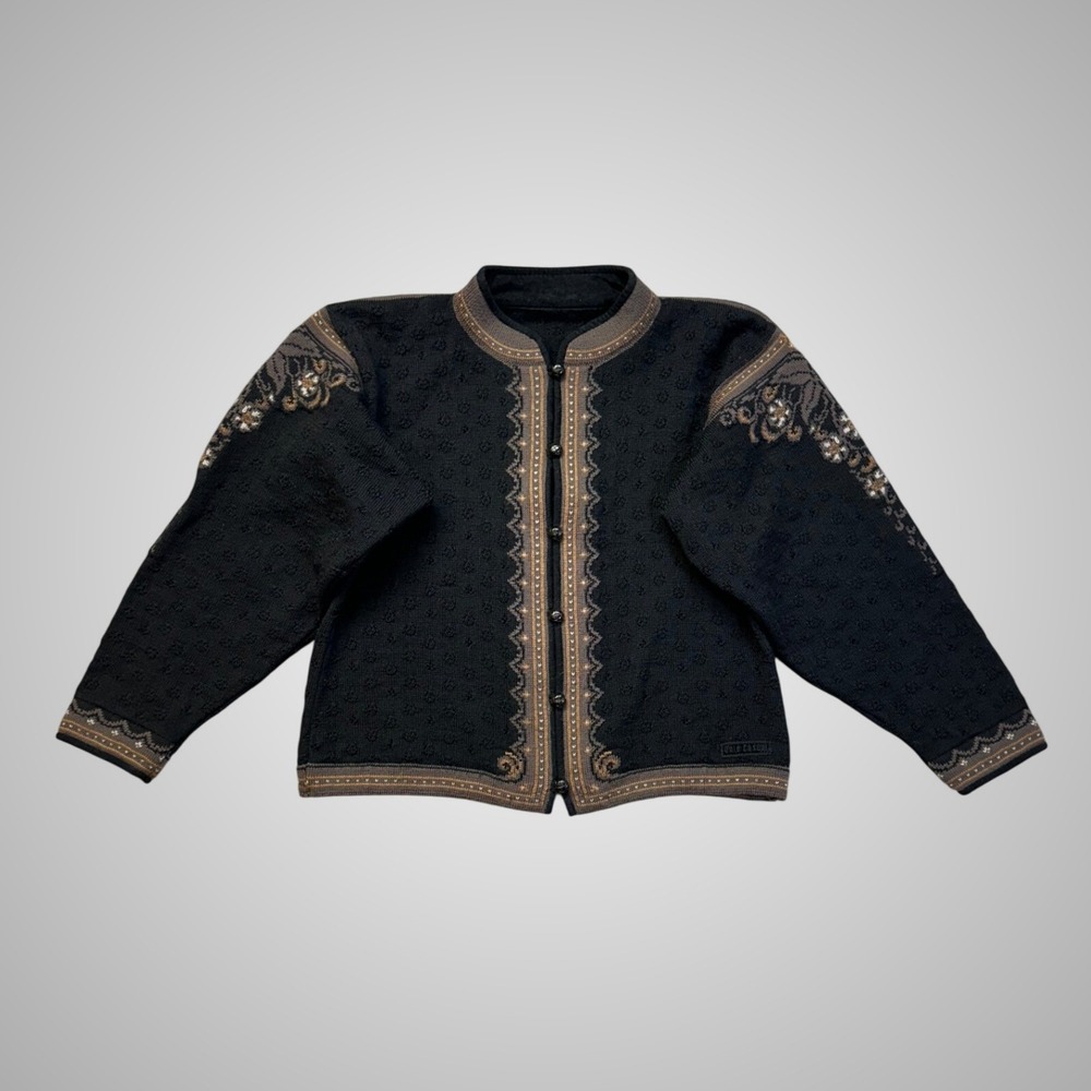 Dale of Norway Cardigan Women Large Black Wool Floral Nordic Embroidered
